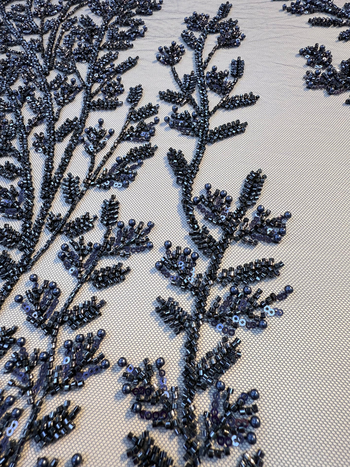 Luxury Navy Beaded Sequin Lace Fabric – Haute Couture Embroidery for Evening Gowns & Dresses ( 1 Piece = 2.5 Meter)