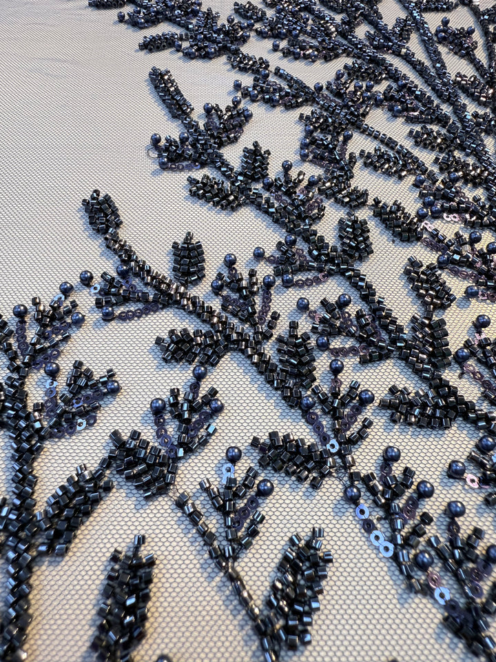 Luxury Navy Beaded Sequin Lace Fabric – Haute Couture Embroidery for Evening Gowns & Dresses ( 1 Piece = 2.5 Meter)