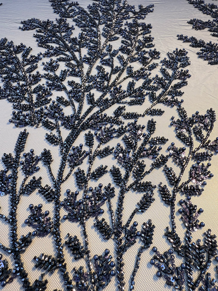 Luxury Navy Beaded Sequin Lace Fabric – Haute Couture Embroidery for Evening Gowns & Dresses ( 1 Piece = 2.5 Meter)
