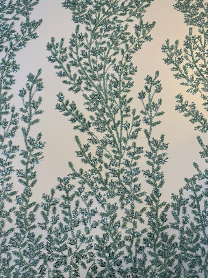 Luxury Emerald Green Beaded Embroidery Fabric – Couture Beads & Pearls on Tulle ( 1 Piece = 2.5 Meter)