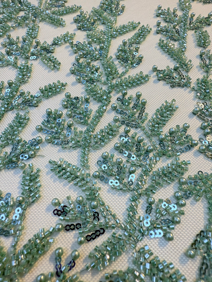 Luxury Emerald Green Beaded Embroidery Fabric – Couture Beads & Pearls on Tulle ( 1 Piece = 2.5 Meter)