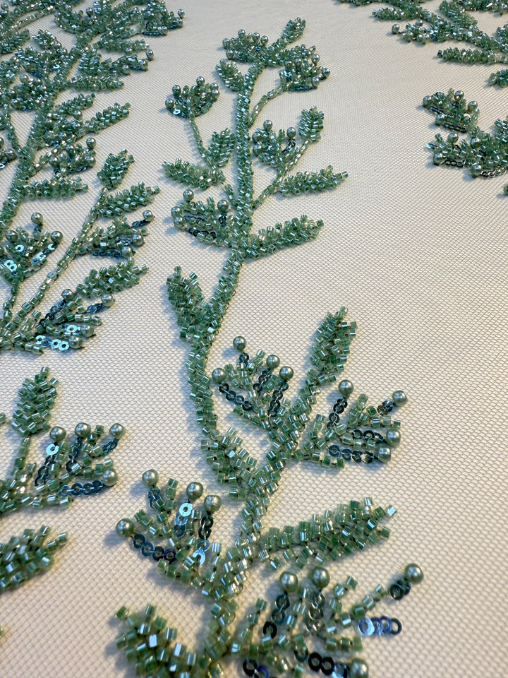 Luxury Emerald Green Beaded Embroidery Fabric – Couture Beads & Pearls on Tulle ( 1 Piece = 2.5 Meter)