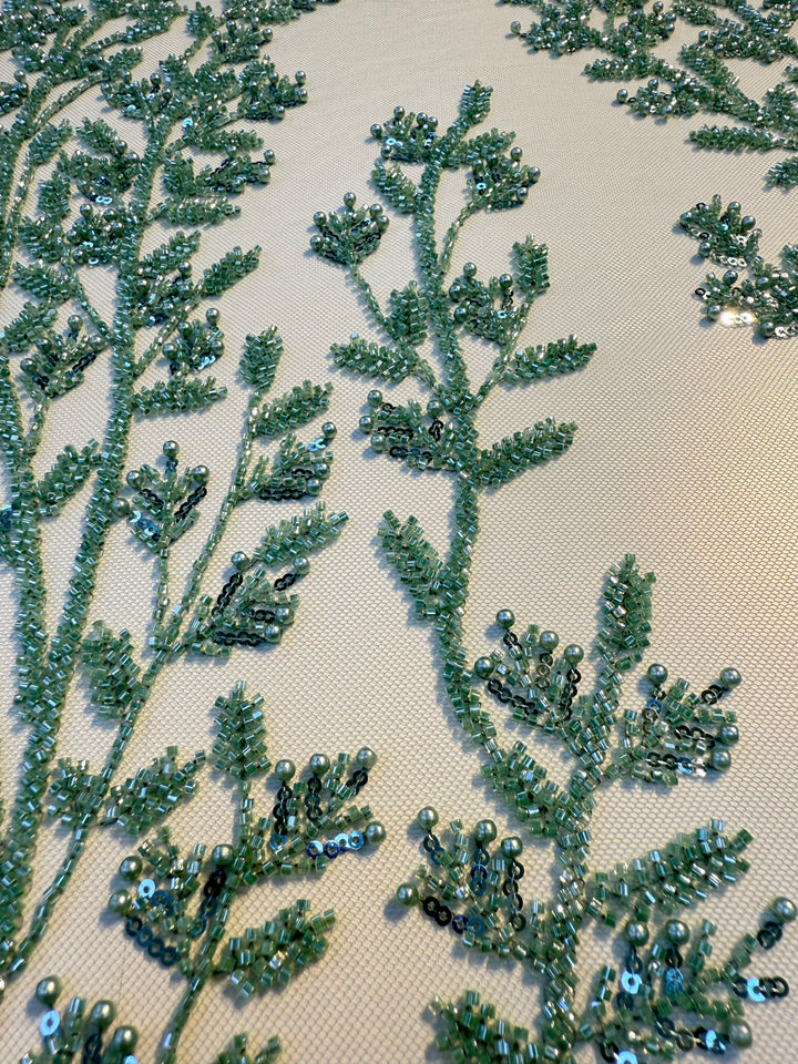 Luxury Emerald Green Beaded Embroidery Fabric – Couture Beads & Pearls on Tulle ( 1 Piece = 2.5 Meter)