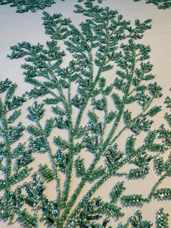 Luxury Emerald Green Beaded Embroidery Fabric – Couture Beads & Pearls on Tulle ( 1 Piece = 2.5 Meter)