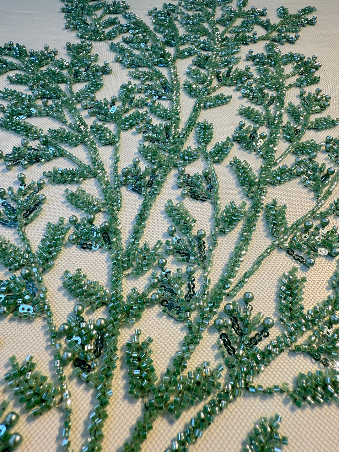 Luxury Emerald Green Beaded Embroidery Fabric – Couture Beads & Pearls on Tulle ( 1 Piece = 2.5 Meter)