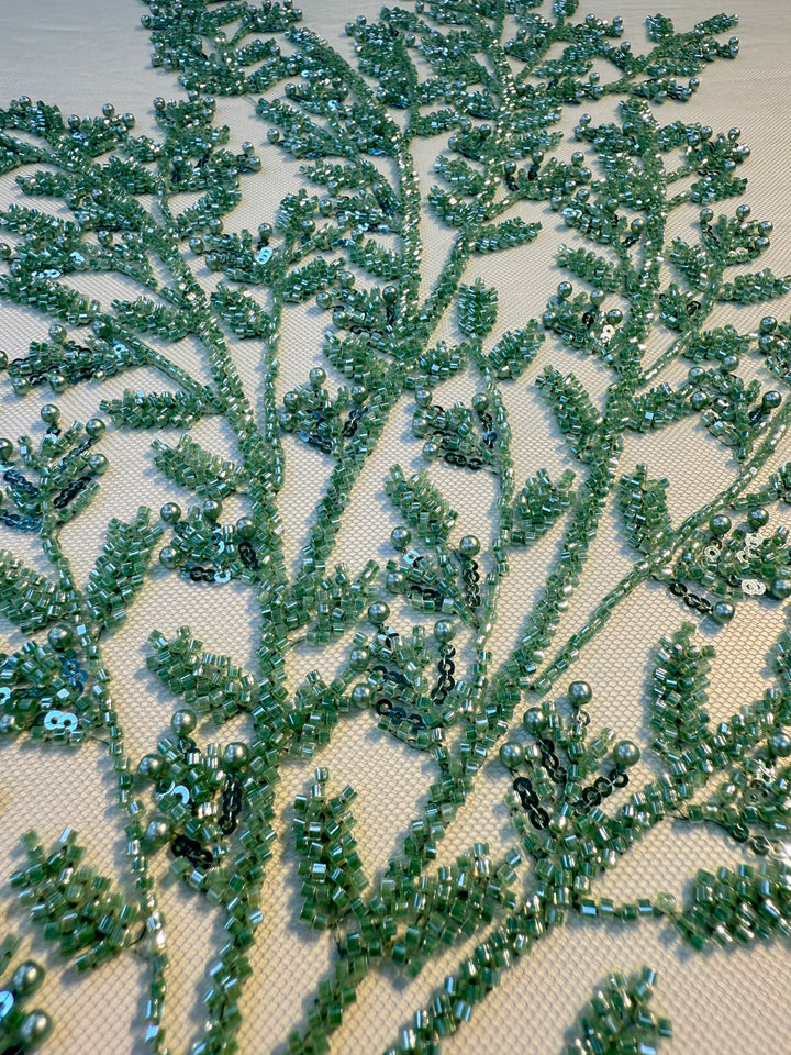 Luxury Emerald Green Beaded Embroidery Fabric – Couture Beads & Pearls on Tulle ( 1 Piece = 2.5 Meter)