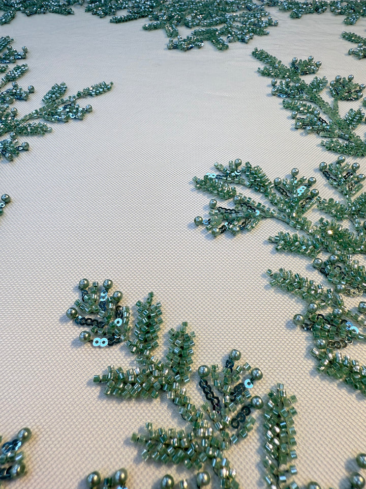 Luxury Emerald Green Beaded Embroidery Fabric – Couture Beads & Pearls on Tulle ( 1 Piece = 2.5 Meter)