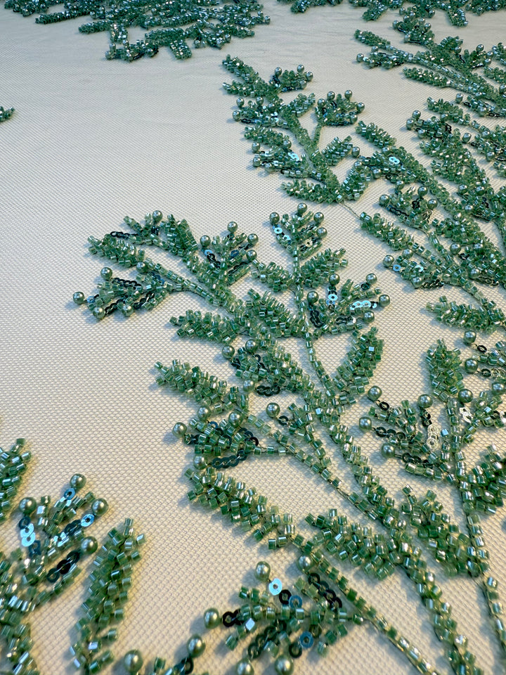 Luxury Emerald Green Beaded Embroidery Fabric – Couture Beads & Pearls on Tulle ( 1 Piece = 2.5 Meter)