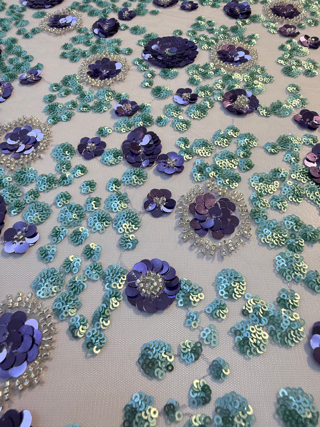 Luxury Purple & Aqua Floral Sequin Embroidered Tulle Fabric – Haute Couture Exclusive