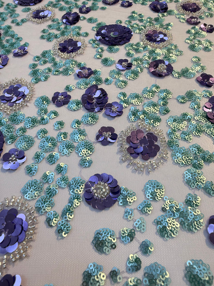 Luxury Purple & Aqua Floral Sequin Embroidered Tulle Fabric – Haute Couture Exclusive