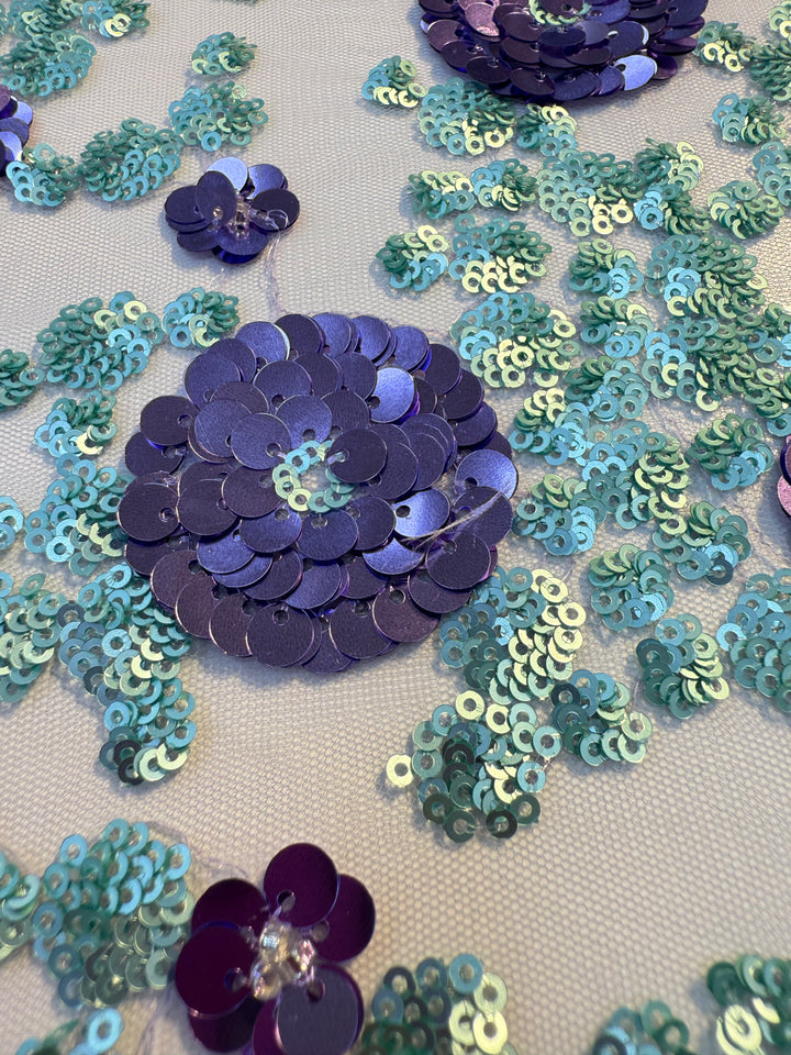 Luxury Purple & Aqua Floral Sequin Embroidered Tulle Fabric – Haute Couture Exclusive