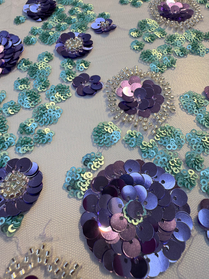 Luxury Purple & Aqua Floral Sequin Embroidered Tulle Fabric – Haute Couture Exclusive