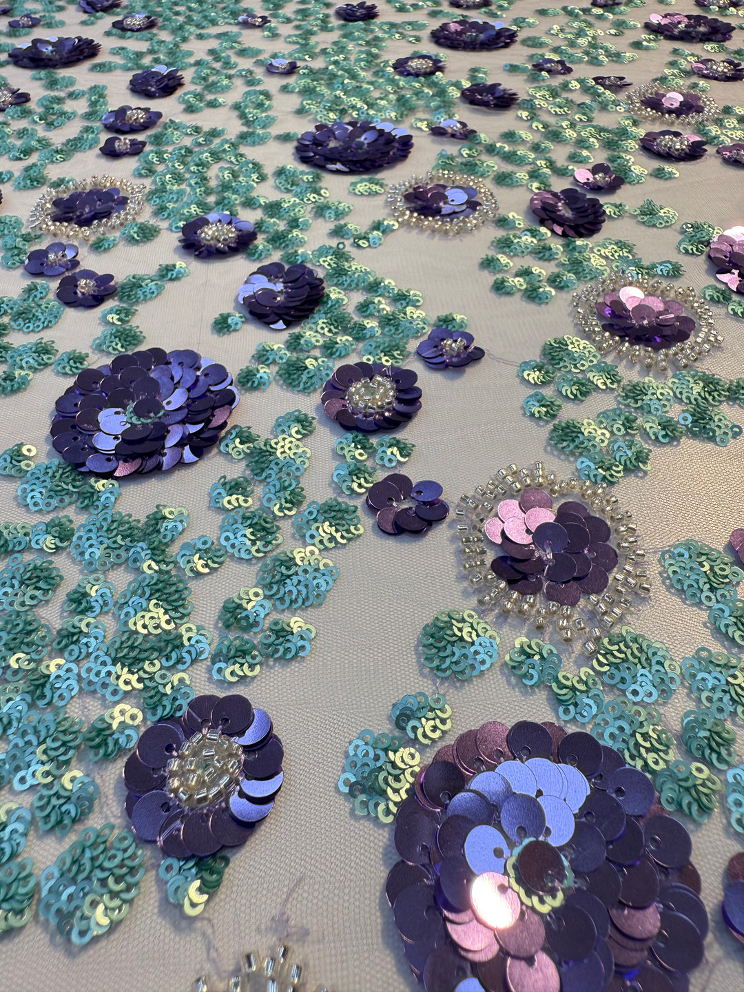 Luxury Purple & Aqua Floral Sequin Embroidered Tulle Fabric – Haute Couture Exclusive