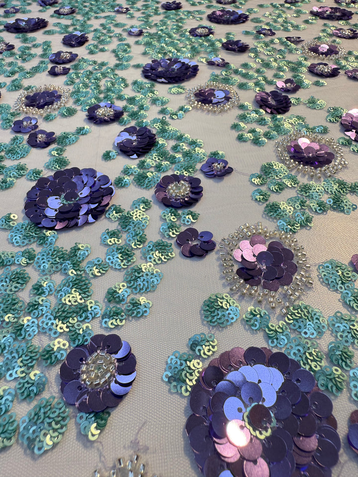 Luxury Purple & Aqua Floral Sequin Embroidered Tulle Fabric – Haute Couture Exclusive