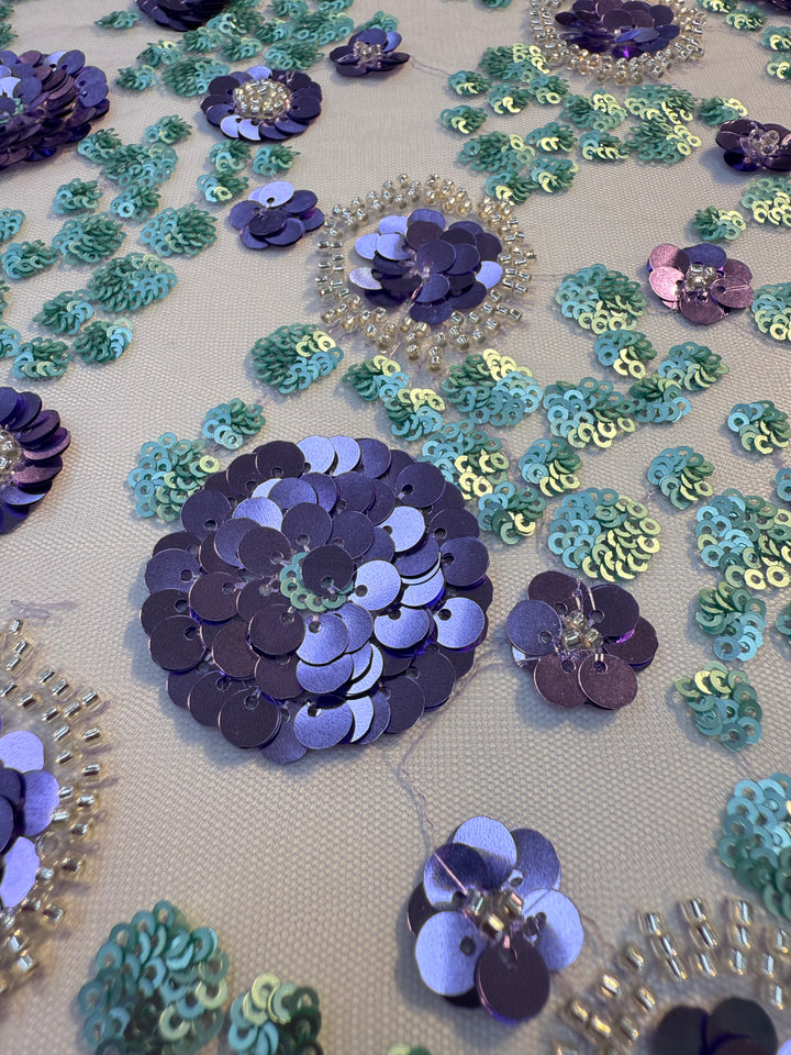 Luxury Purple & Aqua Floral Sequin Embroidered Tulle Fabric – Haute Couture Exclusive