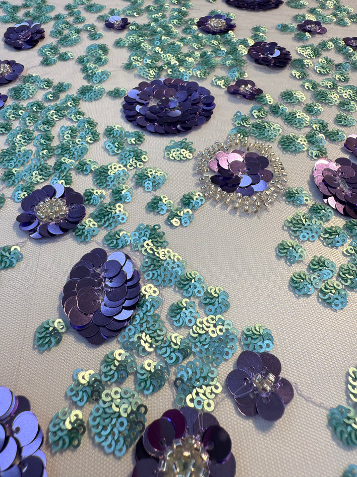 Luxury Purple & Aqua Floral Sequin Embroidered Tulle Fabric – Haute Couture Exclusive