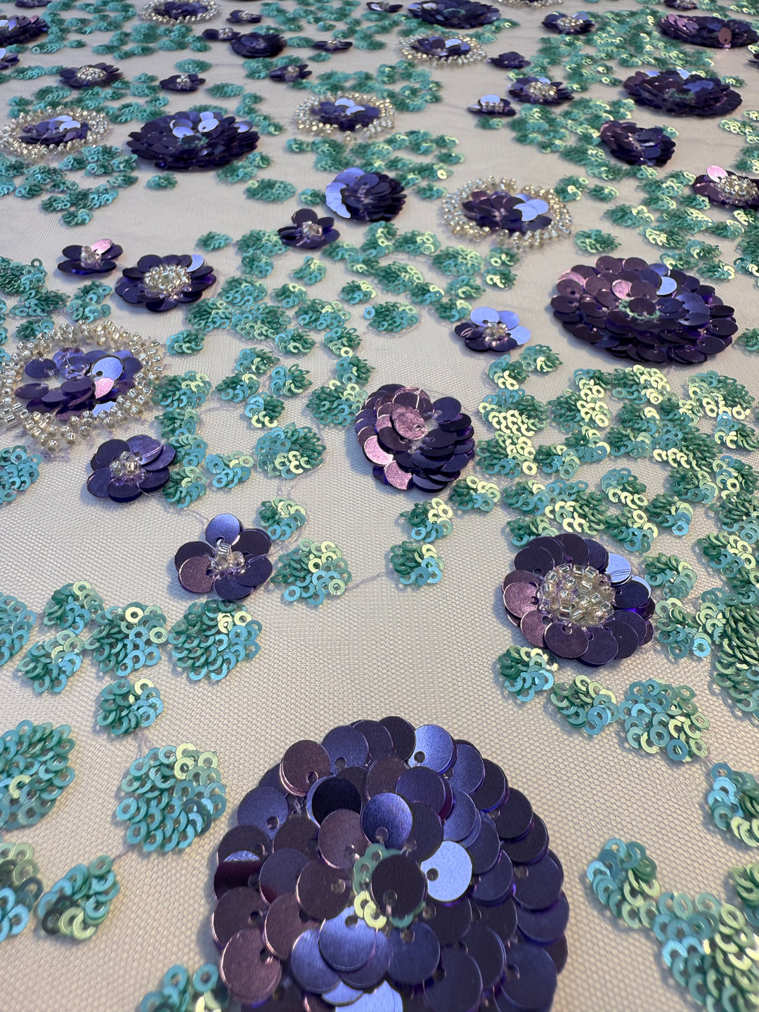 Luxury Purple & Aqua Floral Sequin Embroidered Tulle Fabric – Haute Couture Exclusive