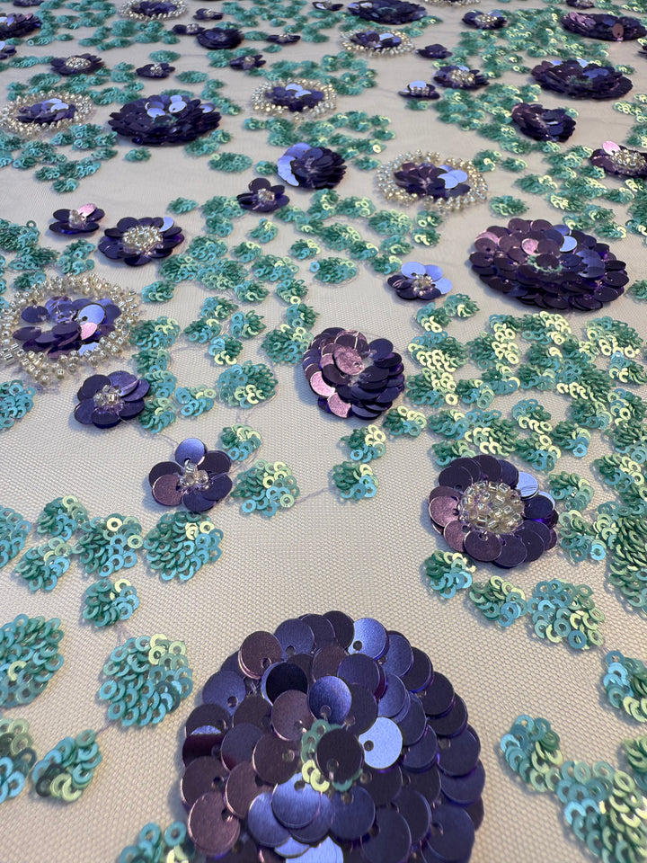 Luxury Purple & Aqua Floral Sequin Embroidered Tulle Fabric – Haute Couture Exclusive