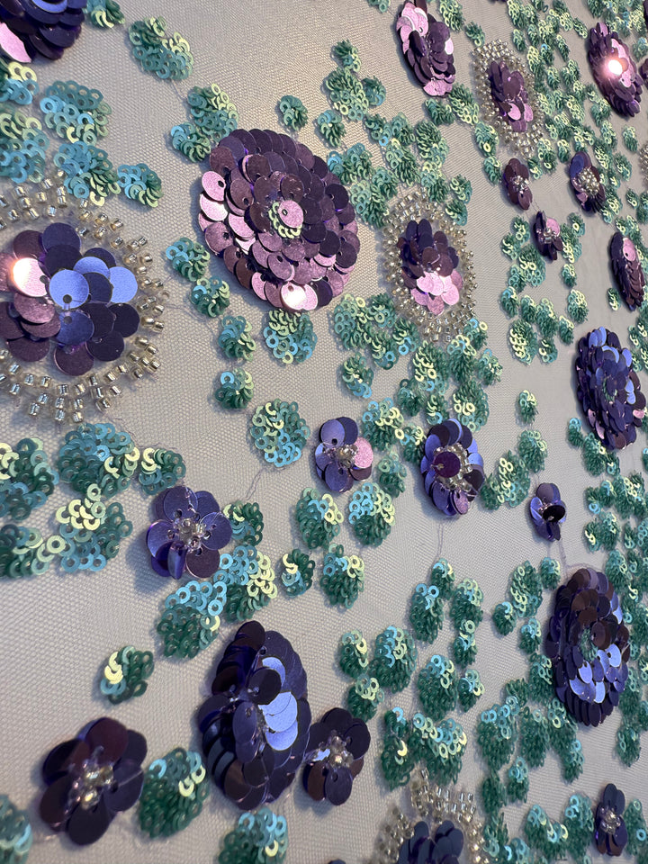 Luxury Purple & Aqua Floral Sequin Embroidered Tulle Fabric – Haute Couture Exclusive