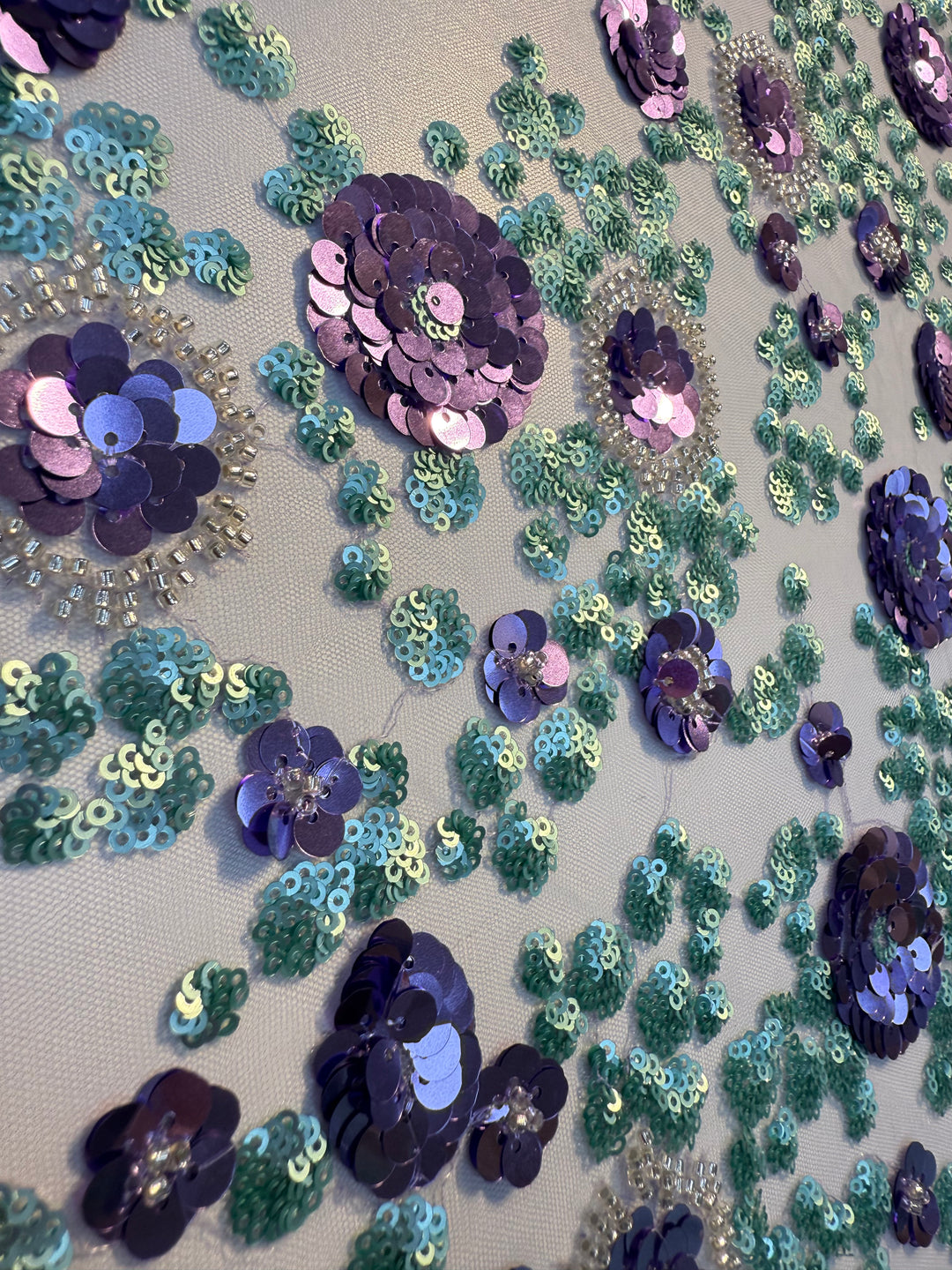 Luxury Purple & Aqua Floral Sequin Embroidered Tulle Fabric – Haute Couture Exclusive