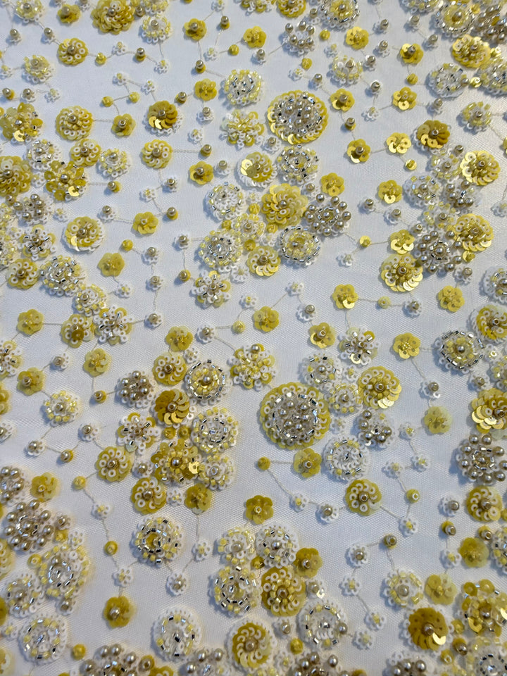 Luxury Yellow & White Sequin Floral Embroidered Tulle Fabric with Beads