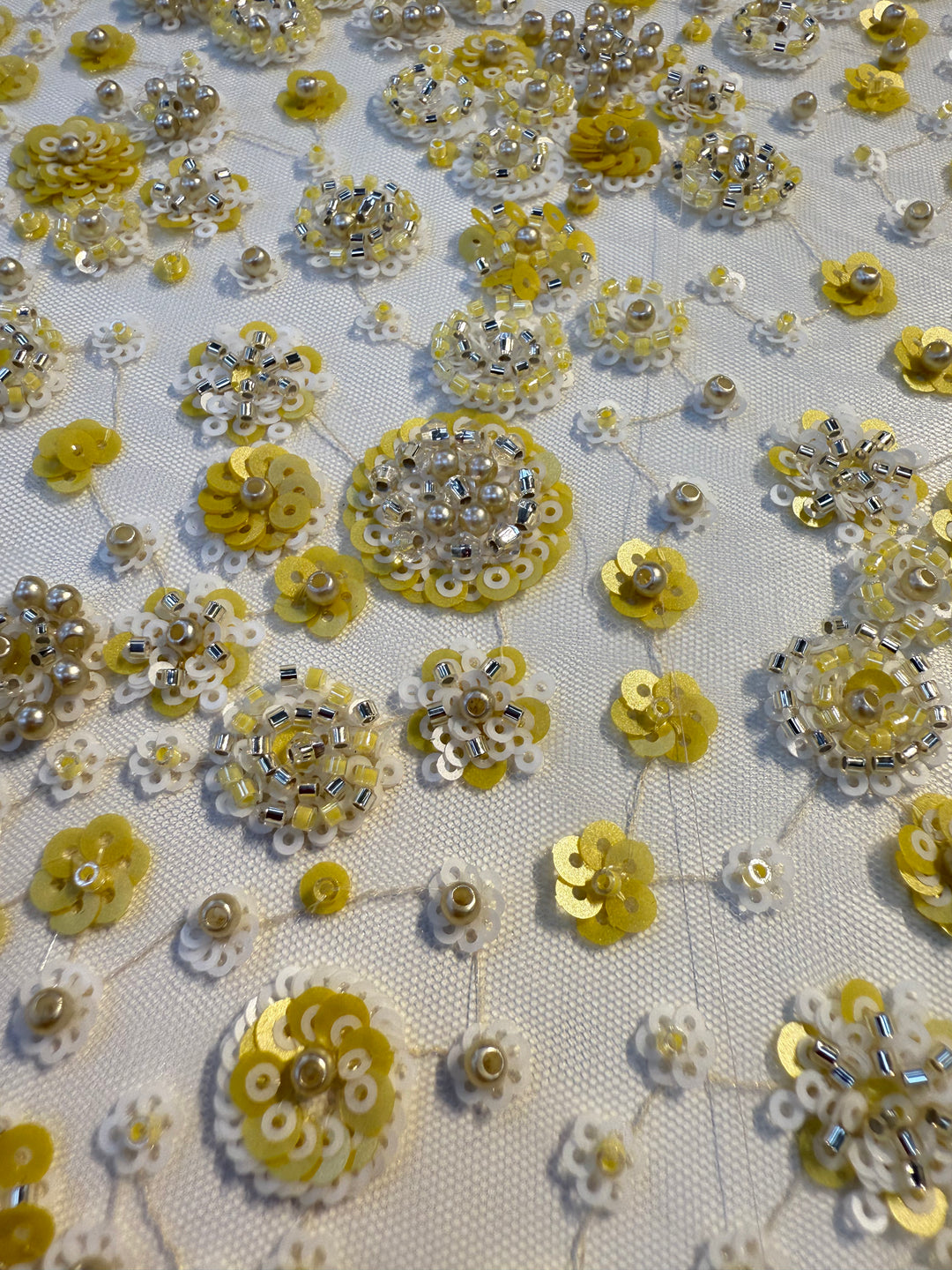 Luxury Yellow & White Sequin Floral Embroidered Tulle Fabric with Beads