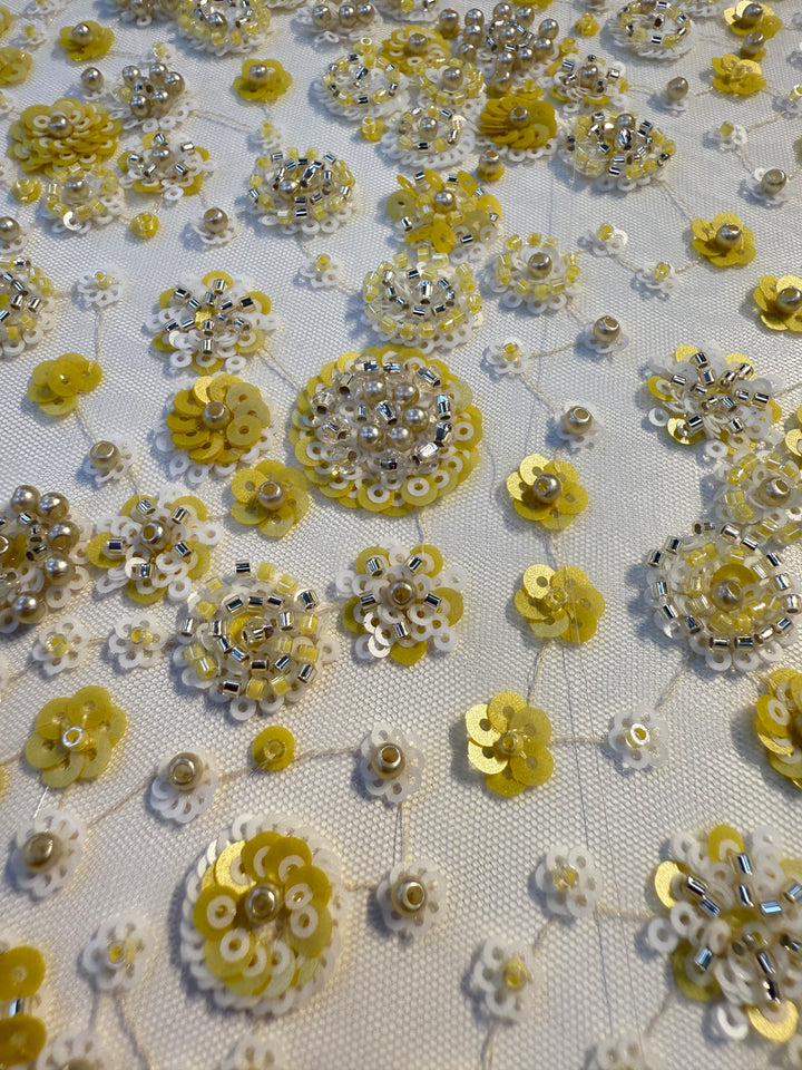 Luxury Yellow & White Sequin Floral Embroidered Tulle Fabric with Beads