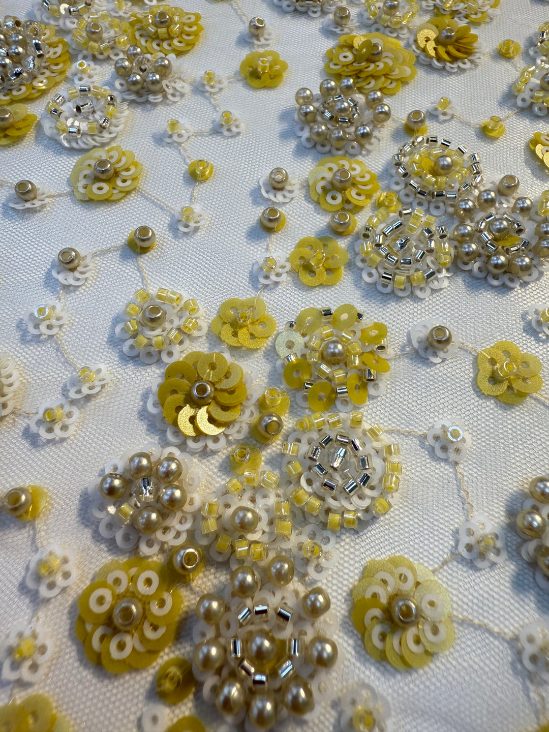 Luxury Yellow & White Sequin Floral Embroidered Tulle Fabric with Beads