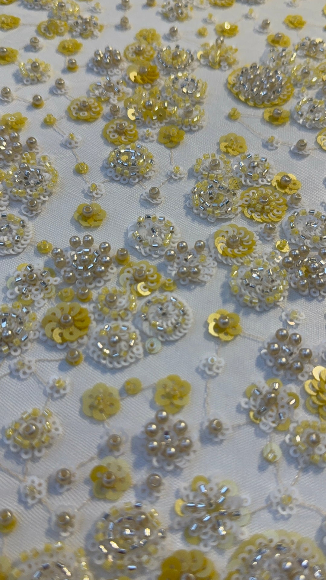 Luxury Yellow & White Sequin Floral Embroidered Tulle Fabric with Beads