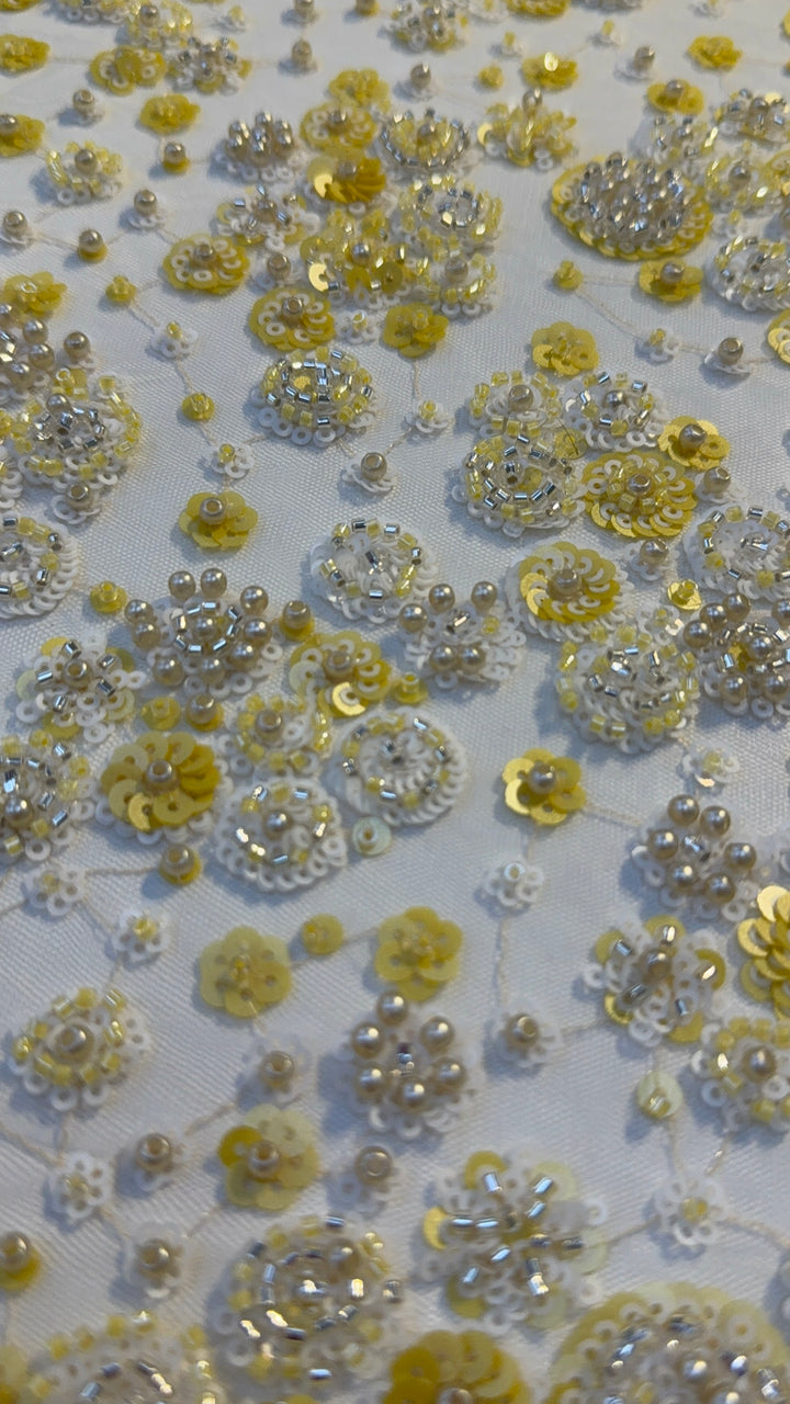 Luxury Yellow & White Sequin Floral Embroidered Tulle Fabric with Beads