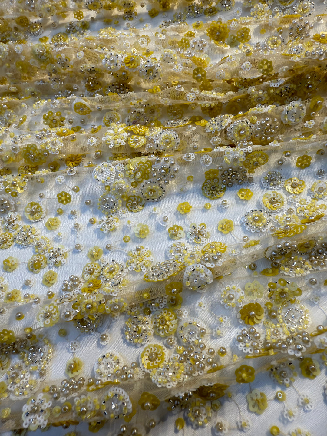 Luxury Yellow & White Sequin Floral Embroidered Tulle Fabric with Beads
