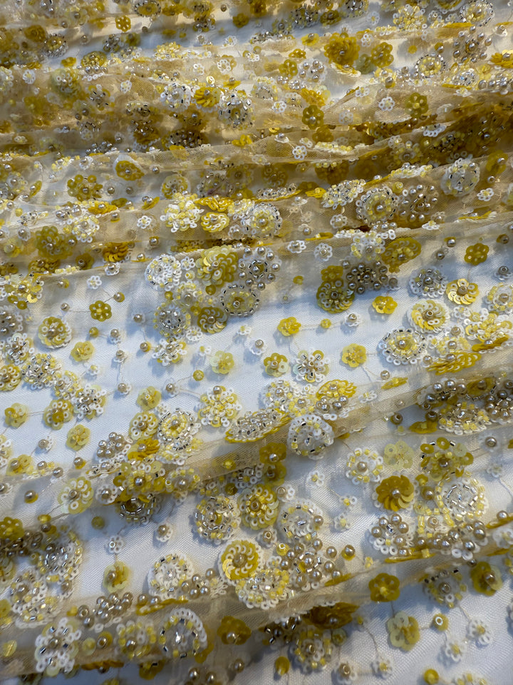 Luxury Yellow & White Sequin Floral Embroidered Tulle Fabric with Beads