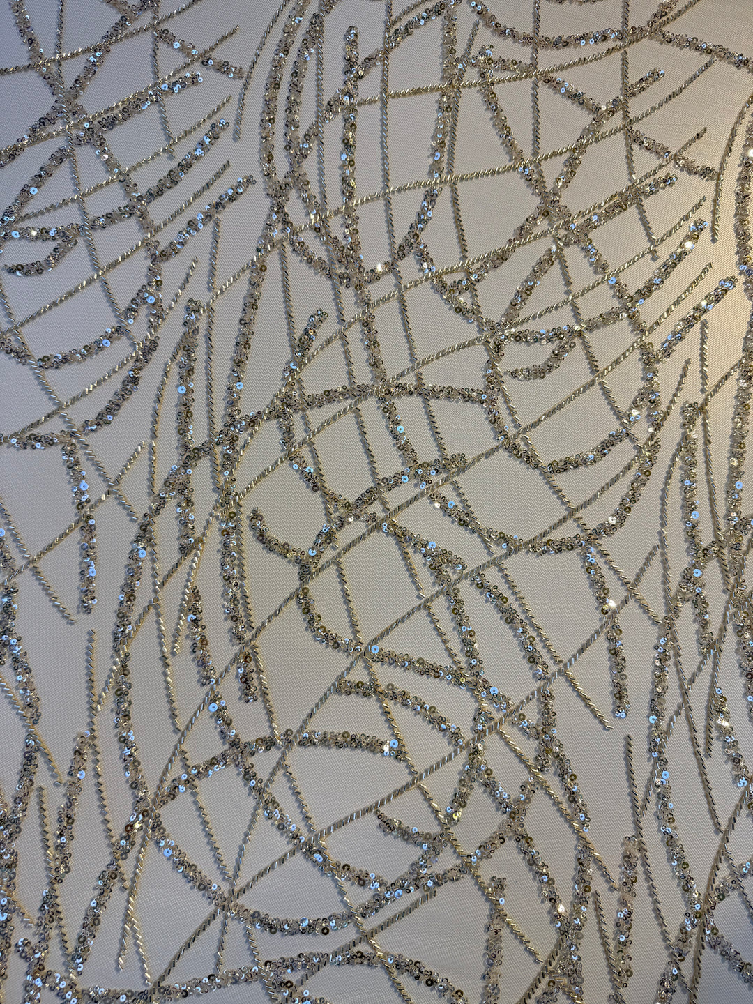 Luxury Silver Abstract Sequin Embroidered Tulle Fabric – Haute Couture Evening & Bridal Wear ( 1 Piece = 3 Meter)