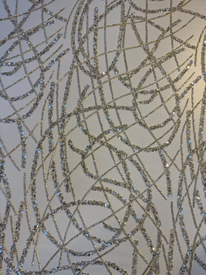 Luxury Silver Abstract Sequin Embroidered Tulle Fabric – Haute Couture Evening & Bridal Wear ( 1 Piece = 3 Meter)