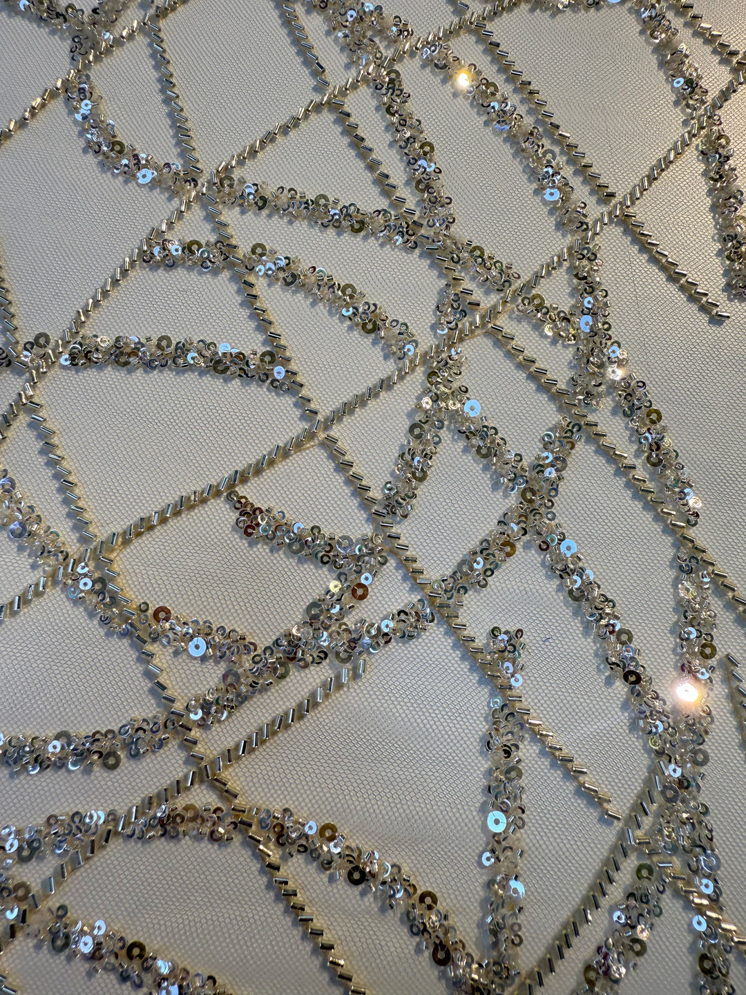 Luxury Silver Abstract Sequin Embroidered Tulle Fabric – Haute Couture Evening & Bridal Wear ( 1 Piece = 3 Meter)