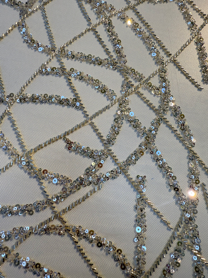 Luxury Silver Abstract Sequin Embroidered Tulle Fabric – Haute Couture Evening & Bridal Wear ( 1 Piece = 3 Meter)