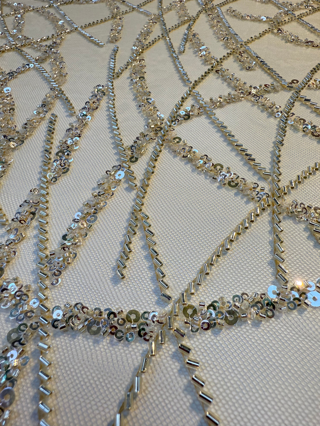 Luxury Silver Abstract Sequin Embroidered Tulle Fabric – Haute Couture Evening & Bridal Wear ( 1 Piece = 3 Meter)