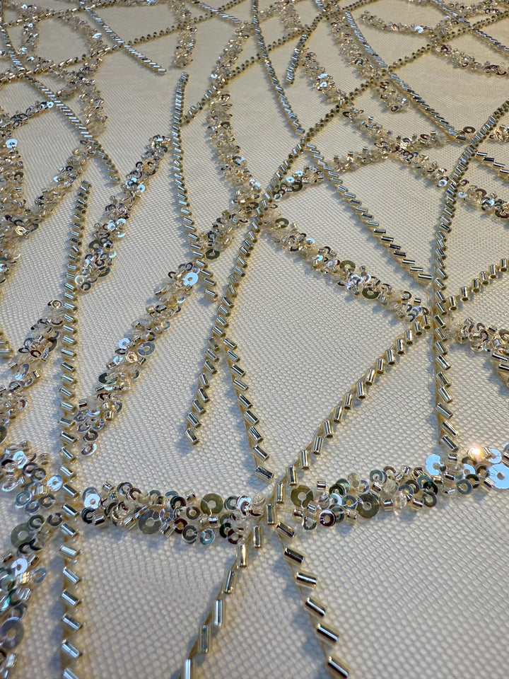 Luxury Silver Abstract Sequin Embroidered Tulle Fabric – Haute Couture Evening & Bridal Wear ( 1 Piece = 3 Meter)