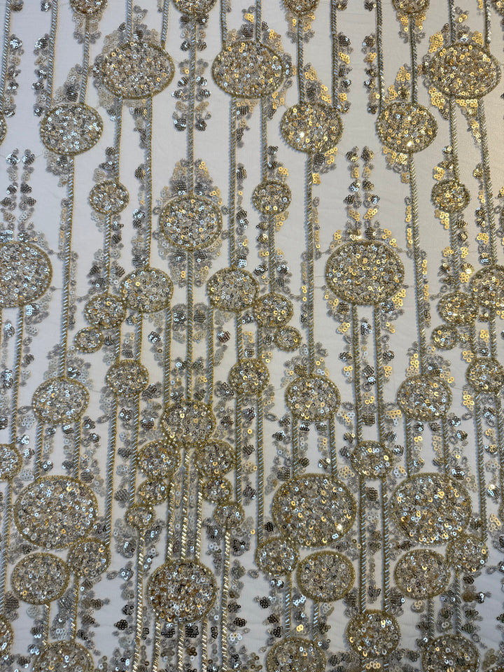 Luxury Gold Sequin & Bead Embroidered Abstract Tulle Fabric – Couture & Bridal (1 Piece = 4 Meters)