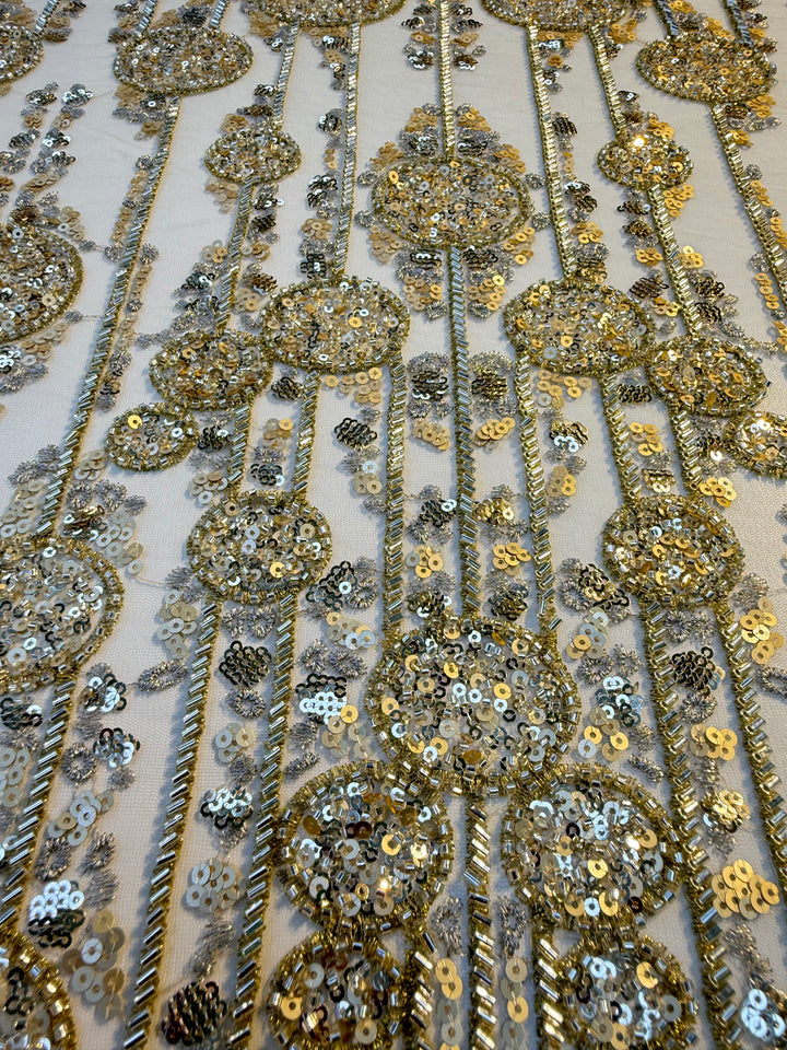 Luxury Gold Sequin & Bead Embroidered Abstract Tulle Fabric – Couture & Bridal (1 Piece = 4 Meters)