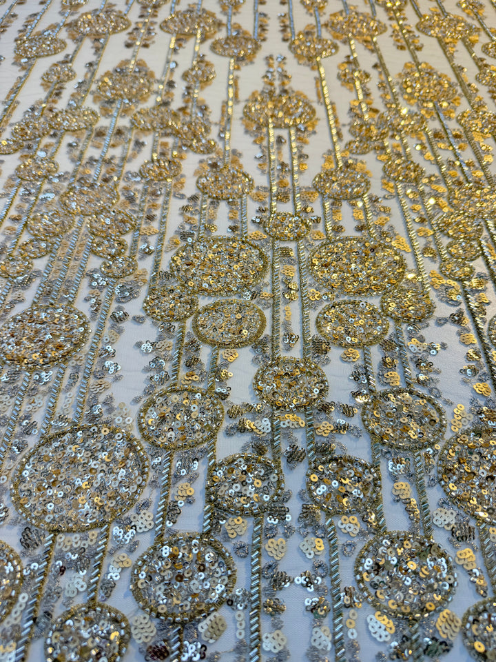 Luxury Gold Sequin & Bead Embroidered Abstract Tulle Fabric – Couture & Bridal (1 Piece = 4 Meters)