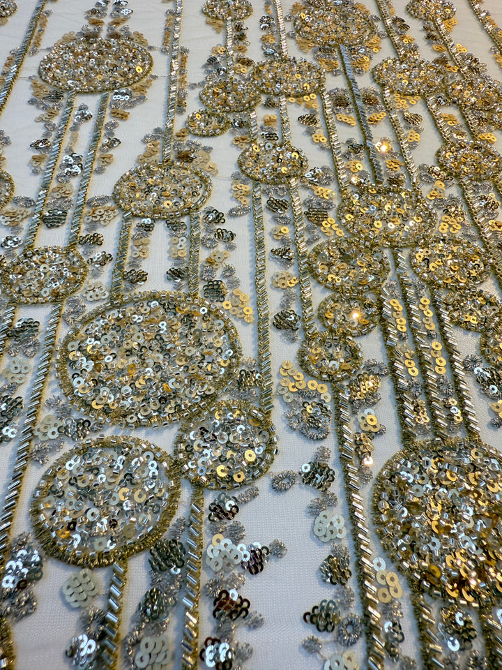 Luxury Gold Sequin & Bead Embroidered Abstract Tulle Fabric – Couture & Bridal (1 Piece = 4 Meters)