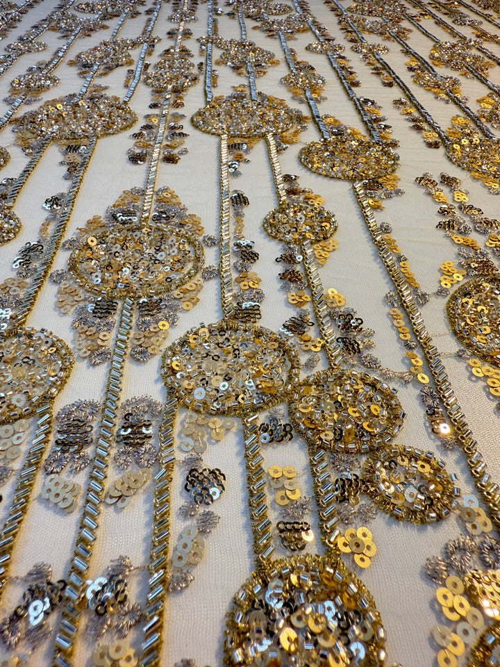 Luxury Gold Sequin & Bead Embroidered Abstract Tulle Fabric – Couture & Bridal (1 Piece = 4 Meters)