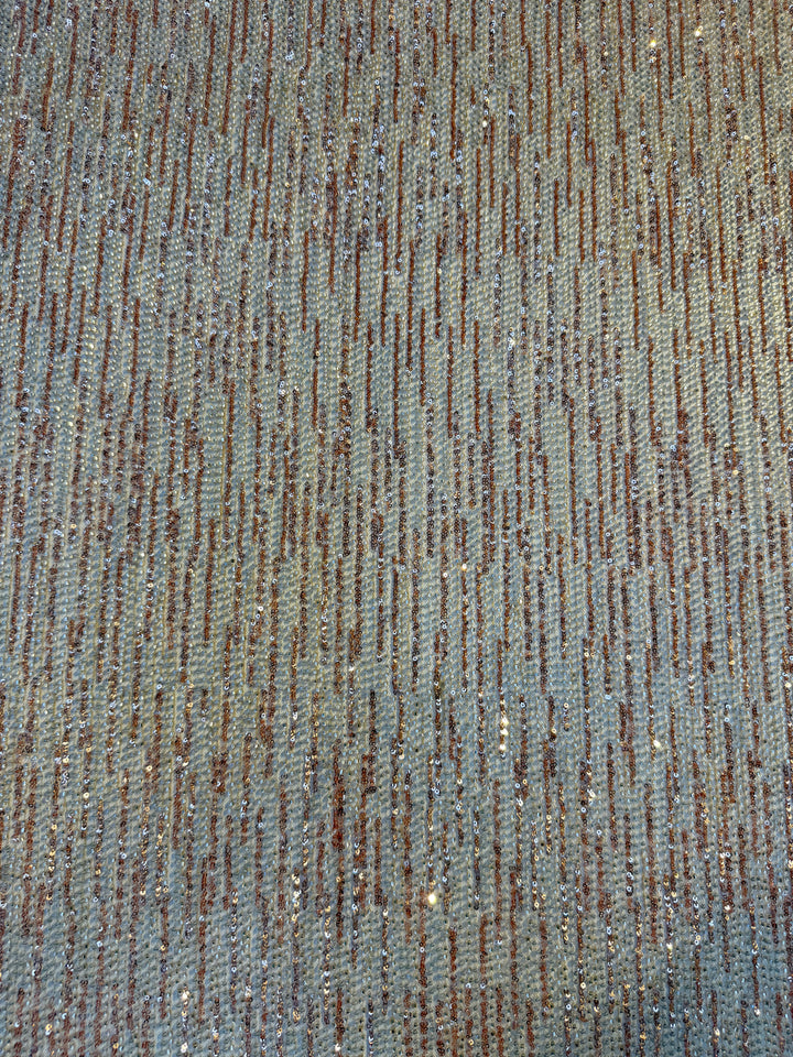 Brown Gold & Champagne Striped Sequin Beaded Fabric – Luxury Haute Couture Mesh (1 Piece = 2 Meter)