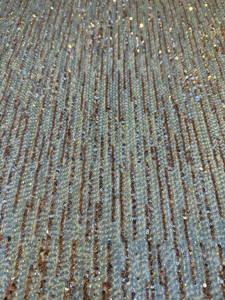 Brown Gold & Champagne Striped Sequin Beaded Fabric – Luxury Haute Couture Mesh (1 Piece = 2 Meter)