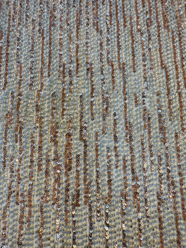 Brown Gold & Champagne Striped Sequin Beaded Fabric – Luxury Haute Couture Mesh (1 Piece = 2 Meter)