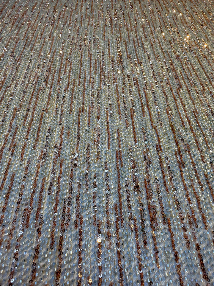 Brown Gold & Champagne Striped Sequin Beaded Fabric – Luxury Haute Couture Mesh (1 Piece = 2 Meter)