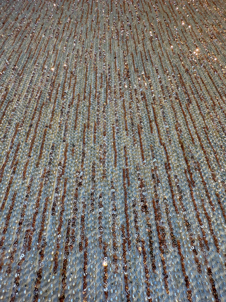 Brown Gold & Champagne Striped Sequin Beaded Fabric – Luxury Haute Couture Mesh (1 Piece = 2 Meter)