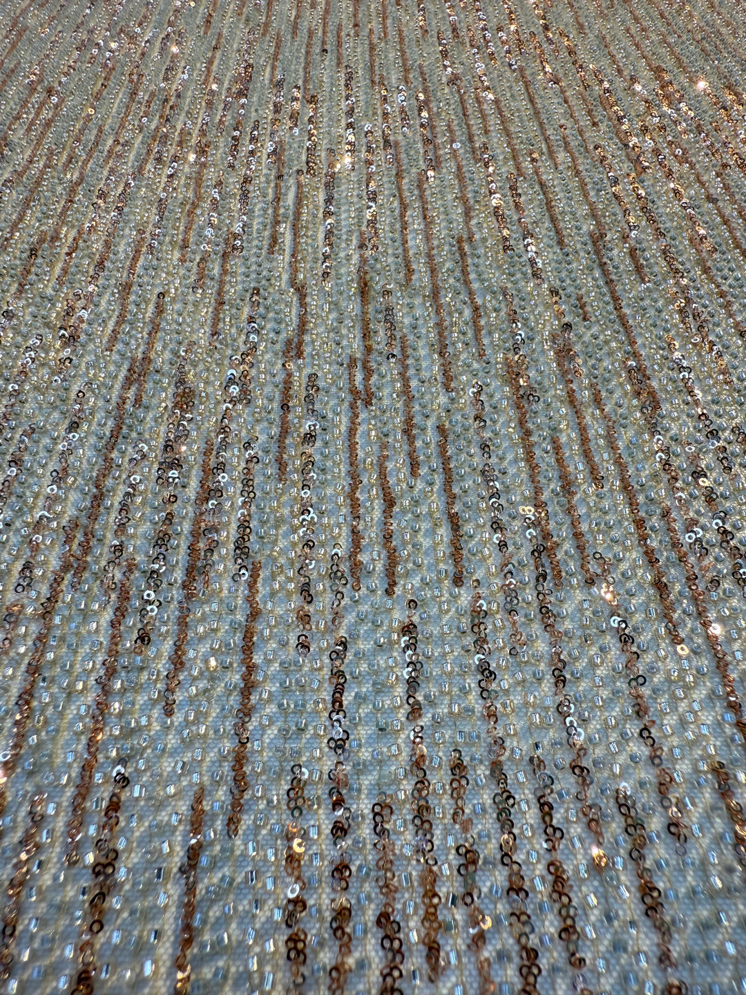 Brown Gold & Champagne Striped Sequin Beaded Fabric – Luxury Haute Couture Mesh (1 Piece = 2 Meter)