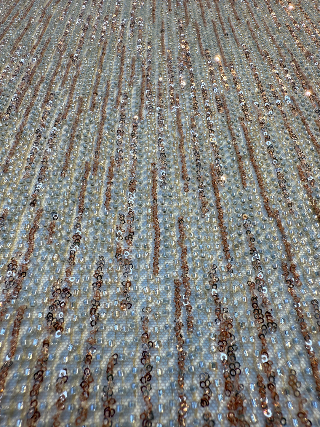 Brown Gold & Champagne Striped Sequin Beaded Fabric – Luxury Haute Couture Mesh (1 Piece = 2 Meter)